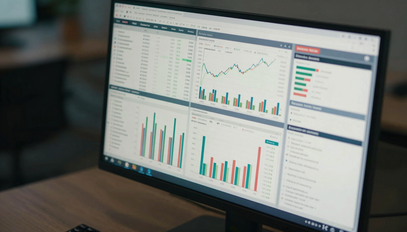 Close-up overhead shot of a large monitor displaying a dense financial dashboard with multiple data tables, bar charts, and KPI tiles, cool ambient office lighting, screen content sharp and legible, keyboard edge visible at bottom frame