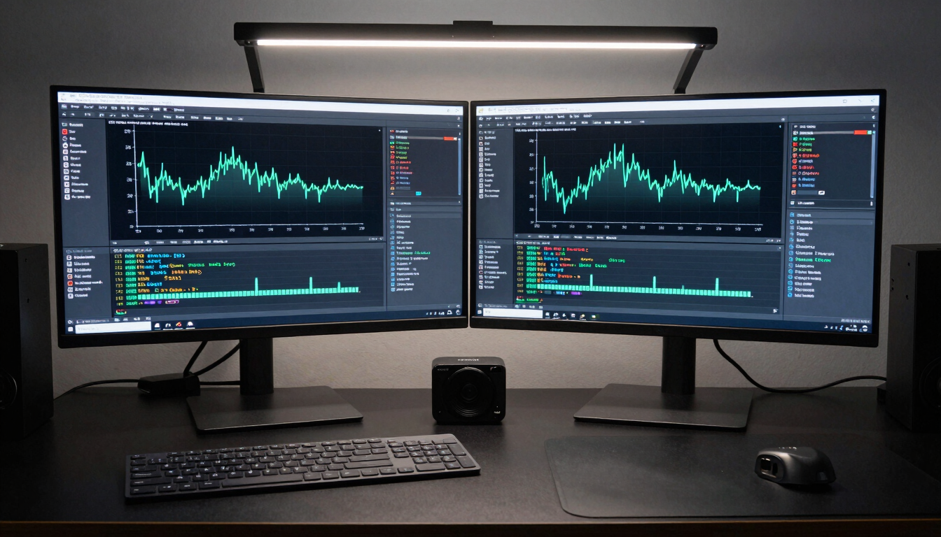 Wide studio workspace, two large monitors displaying Android frame profiler graphs and shader code, keyboards and reference devices on a matte-black desk surface, even cool work-light overhead, no people visible, environmental documentation feel