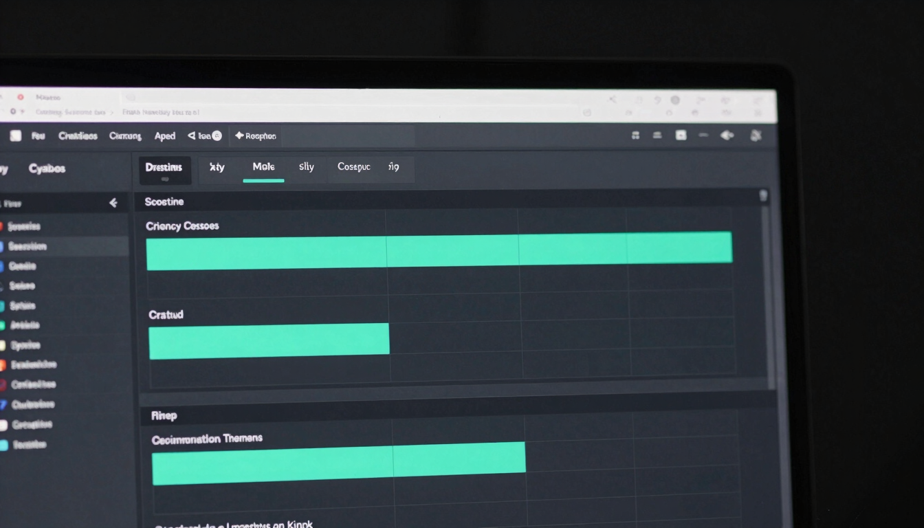 Close-up head-on view of a sleek dark-themed web application interface on a monitor, precise UI grid layout with teal accent highlights, studio lighting, deep black background, sharp pixel-perfect detail