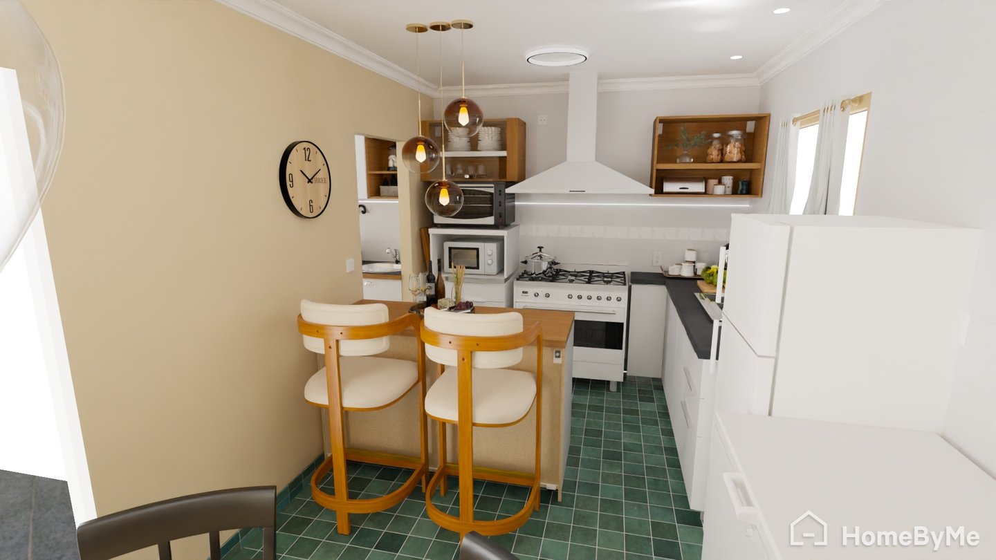 Diseño de cocina moderna con suelo de baldosas verdes y una barra de desayuno.