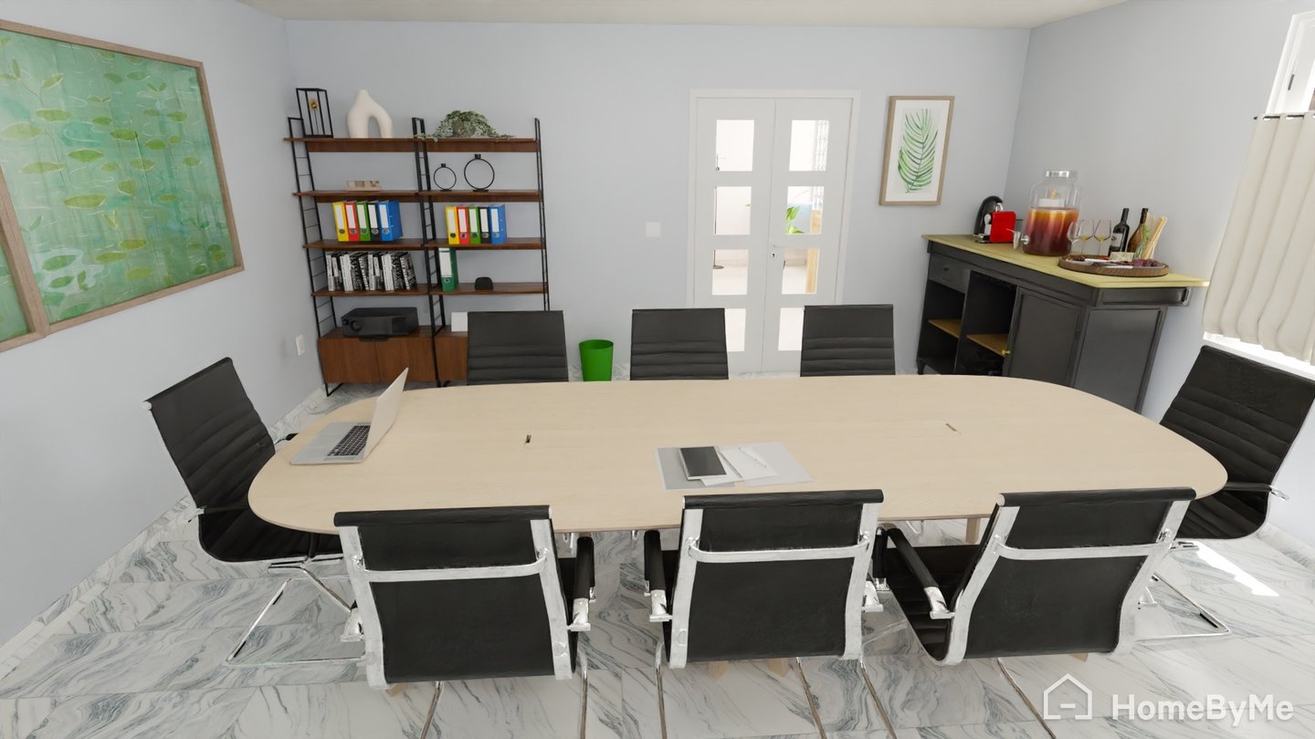 Moderna sala de conferencias con una gran mesa de madera, sillas de cuero negro y suelo de mármol.