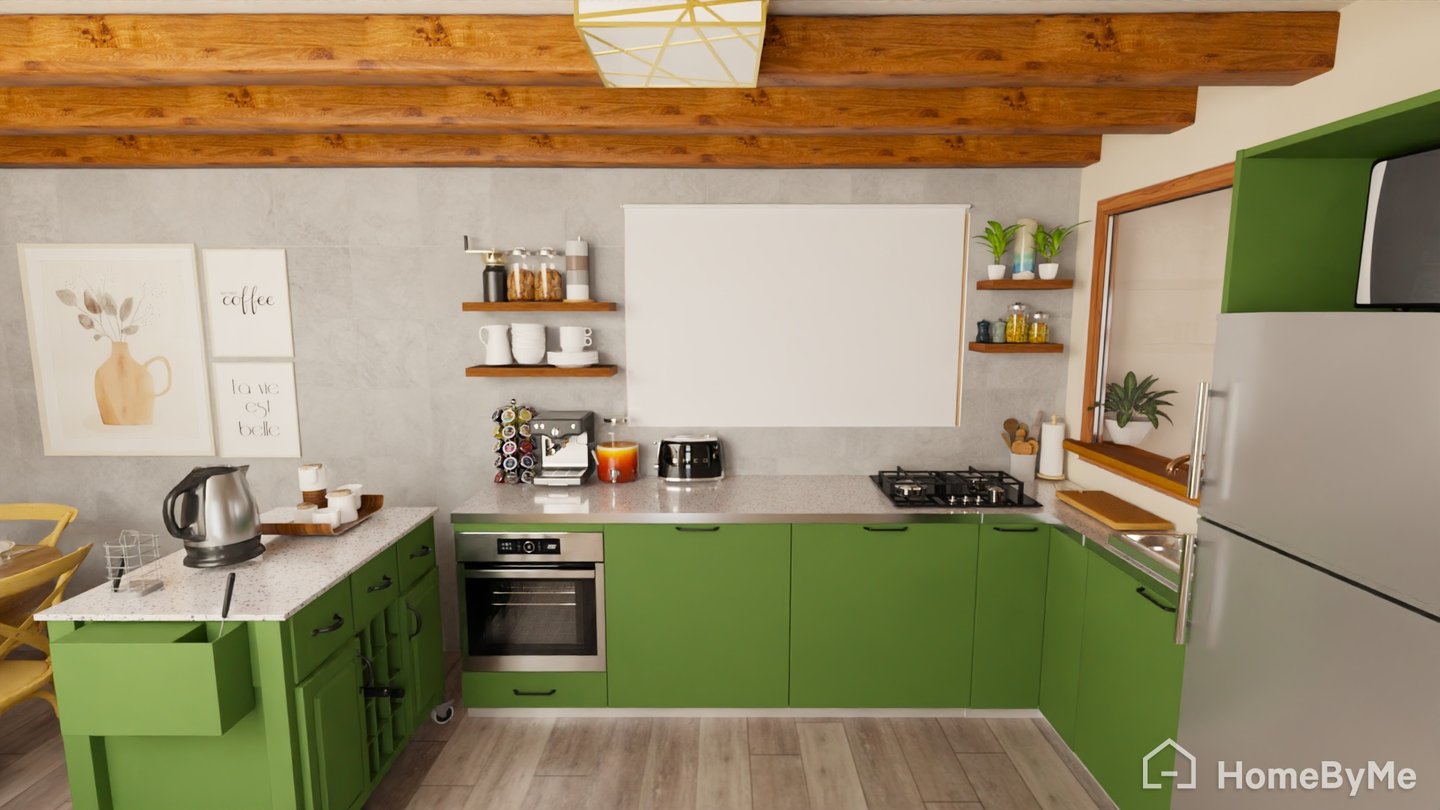 Cocina moderna en color verde. Con estilo rustico.