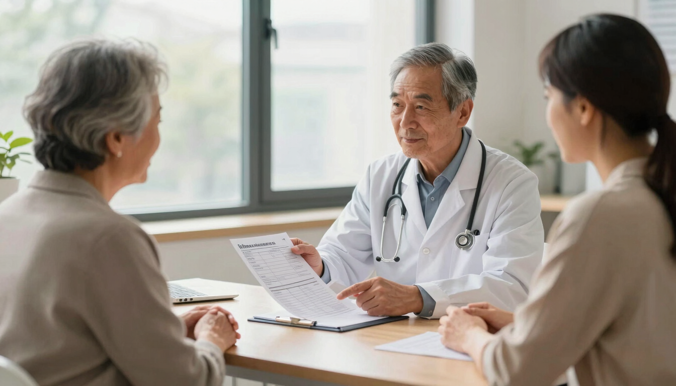 Wide landscape frame of a geriatrician seated across from an older patient and an adult family member at a consultation table, the physician pointing at a printed medication summary, warm natural light through a wide window, genuine attentive expressions, clinical yet human atmosphere