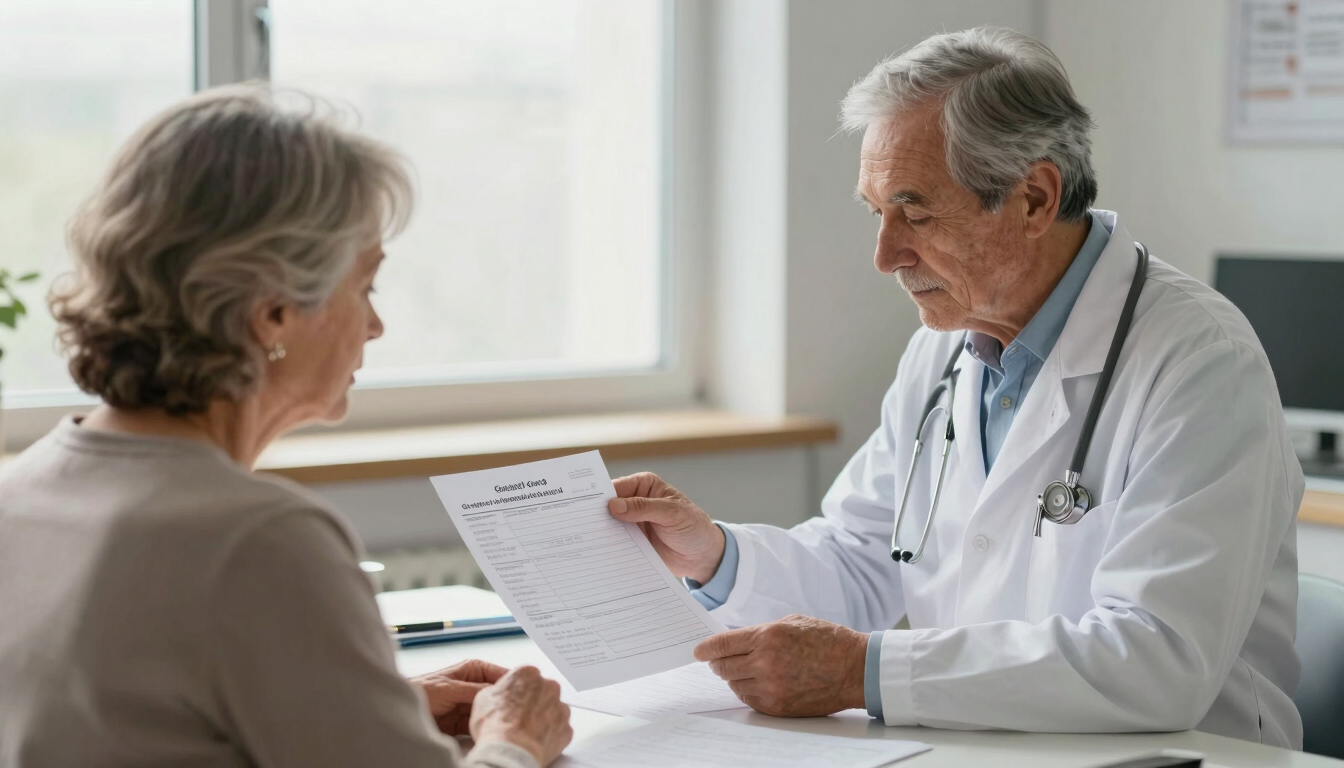 Wide landscape frame of a geriatrician at a desk reviewing a printed geriatric assessment form with an older woman patient seated across from her, both looking down at the document, soft daylight from a window behind them, clinical but warm setting, papers and a pen visible on the desk surface