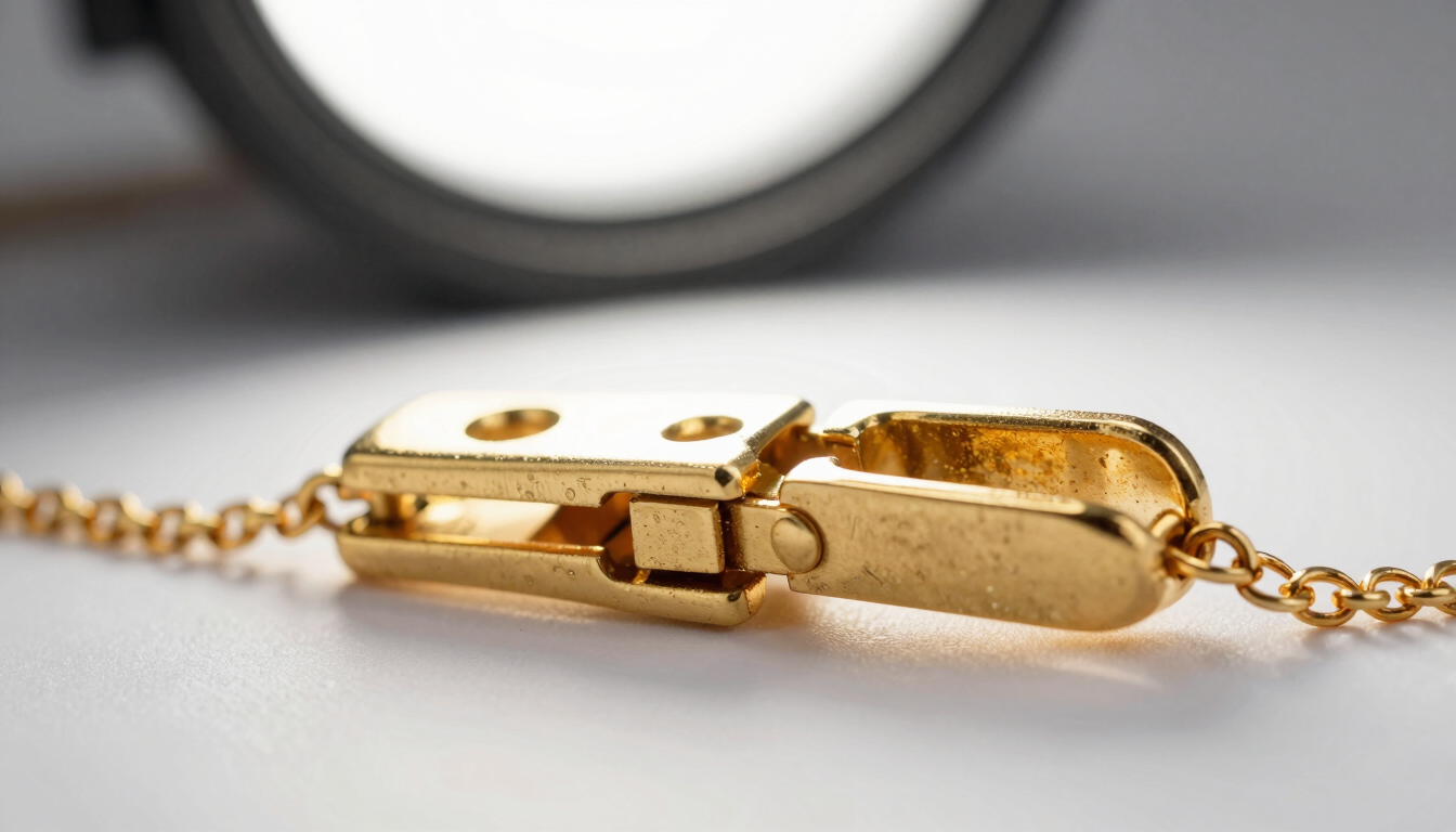 Extreme macro photograph of a gold jewellery clasp and hinge joint on a white neutral surface, soft studio strobe light from above and left, fine tool marks and metal grain visible in the gold, warm fill on the right side, no hands present, the frame showing only the clasp and a few centimetres of the chain on each side