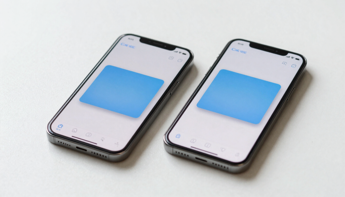 Two modern smartphones side by side, floating slightly off-surface, screens displaying a clean iOS photo-evaluation app interface with soft blue cards and rounded corners, photographed from a slight overhead angle on a bright white surface, soft diffused daylight, no shadows