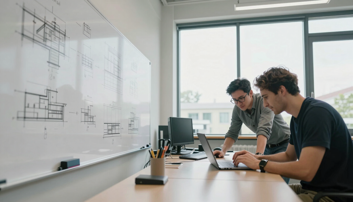 Wide panoramic view inside a working technical training room — long whiteboard covered in architecture diagrams to the left third, two practitioners leaning over a shared laptop screen in the right third, natural north-facing daylight from tall windows, no flash, no posed smiles, focus on the work surface