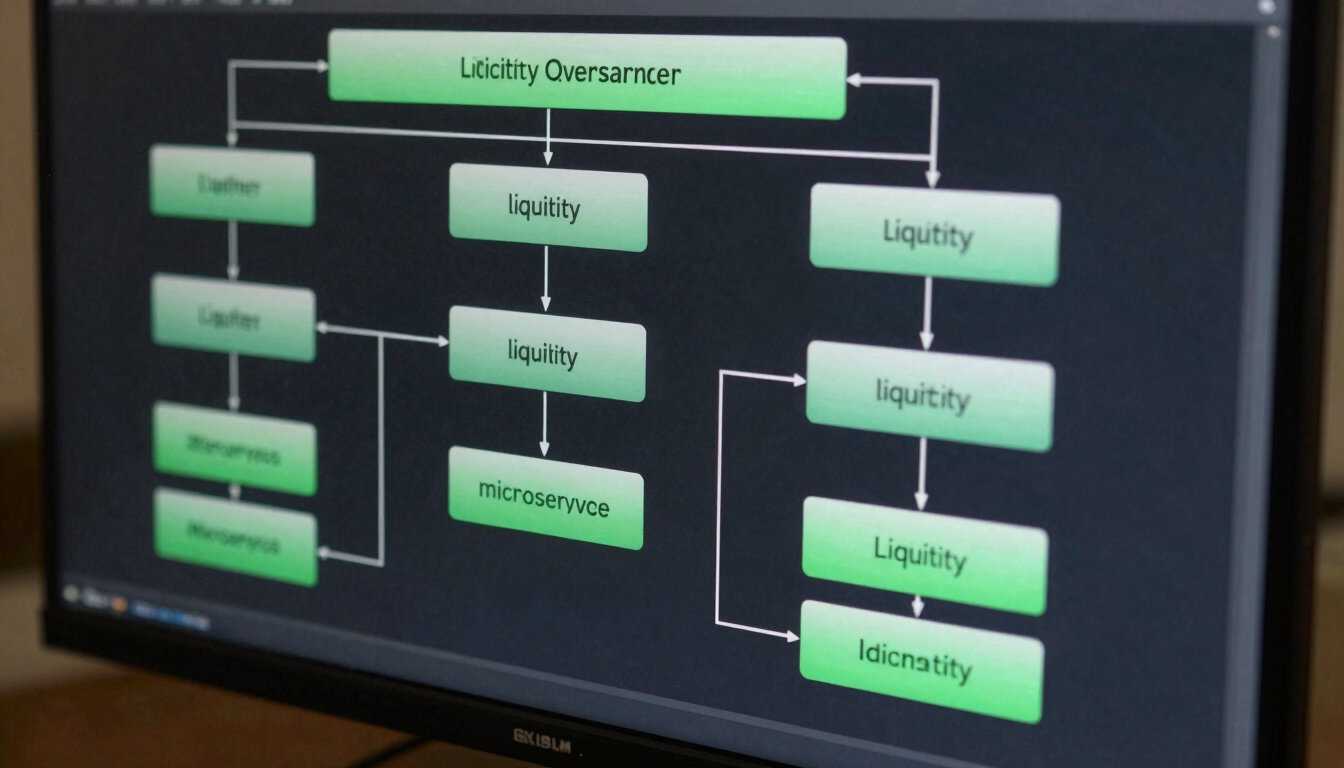 Close-up of a clean system architecture diagram on a dark monitor, displaying modular API gateways and microservices with liquidity green highlights.
