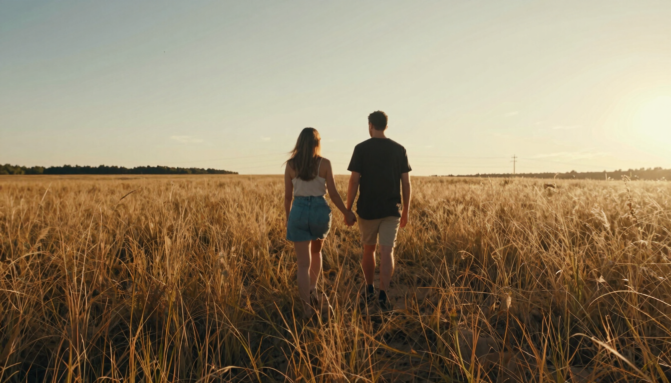 Panoramic wide shot of a couple walking hand in hand through a sun-drenched meadow at golden hour, backs to camera, long grass catching warm backlight, photographer's perspective from behind at a distance, sand and amber tones