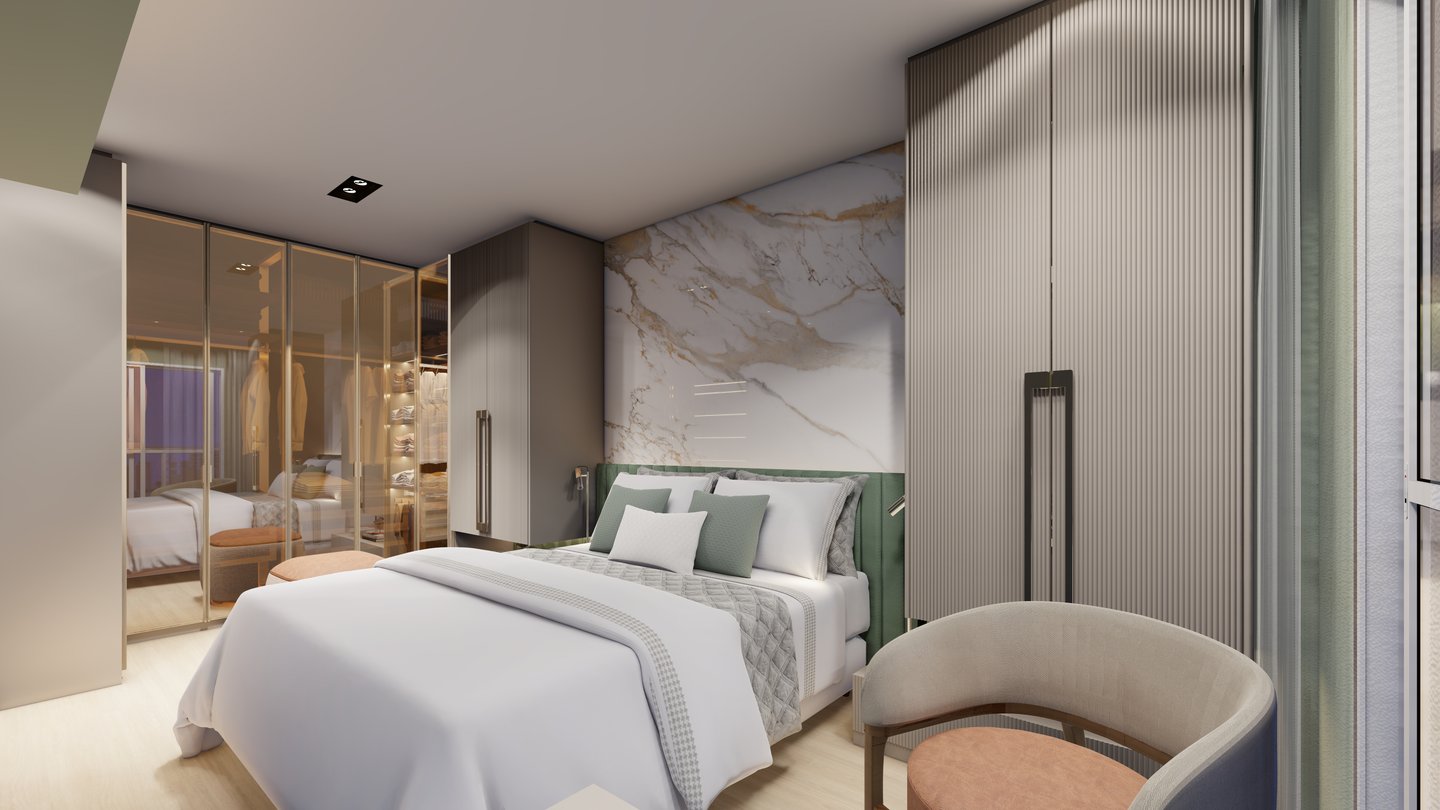 "Quarto de casal com iluminação indireta e tons neutros em apartamento pequeno SP