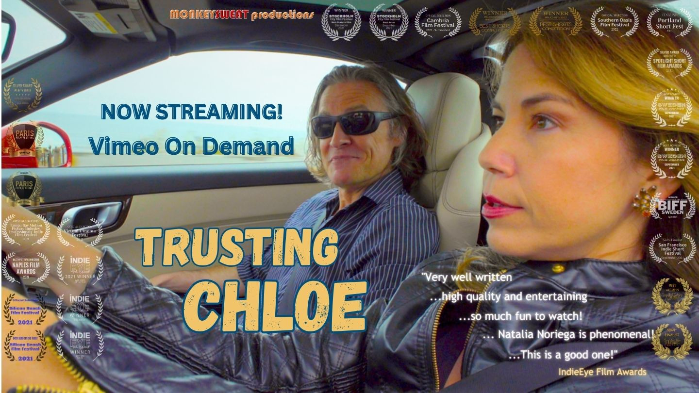 Image of advertisment for the movie Trusting Chloe now streaming on Vimeo on Demand