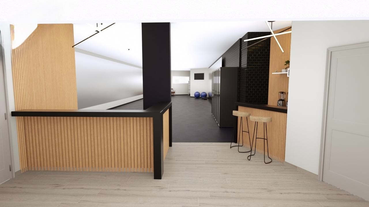 commercial gym interior with wood slat walls, a reception counter, juice bar, and workout equipment.