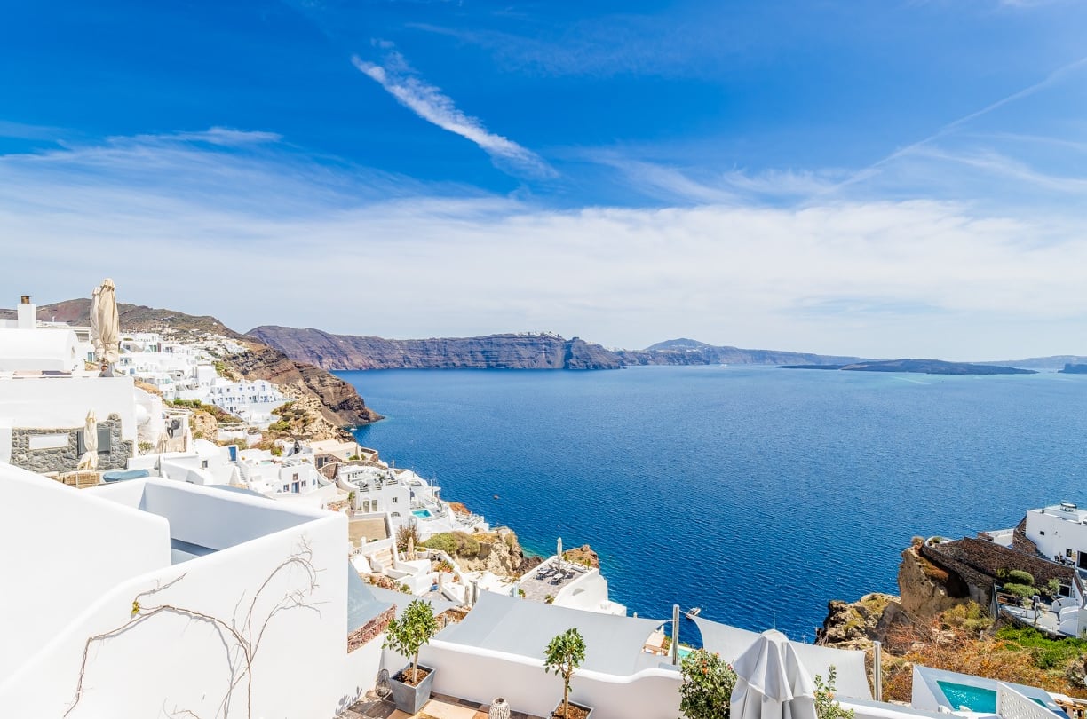 Santorin a view of a view of a sea and a view of the ocean