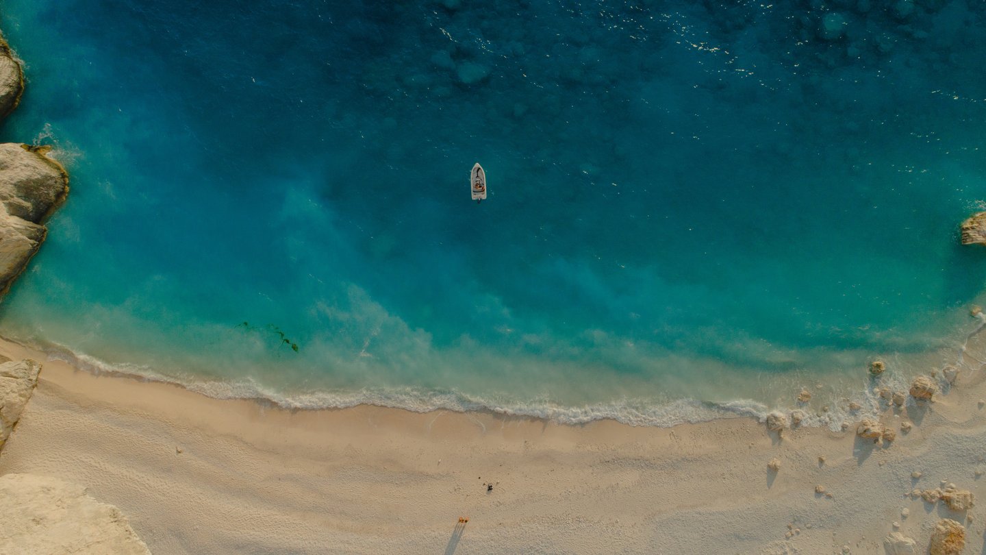 drone shot beach sunset boat trip zante zakynthos sunset