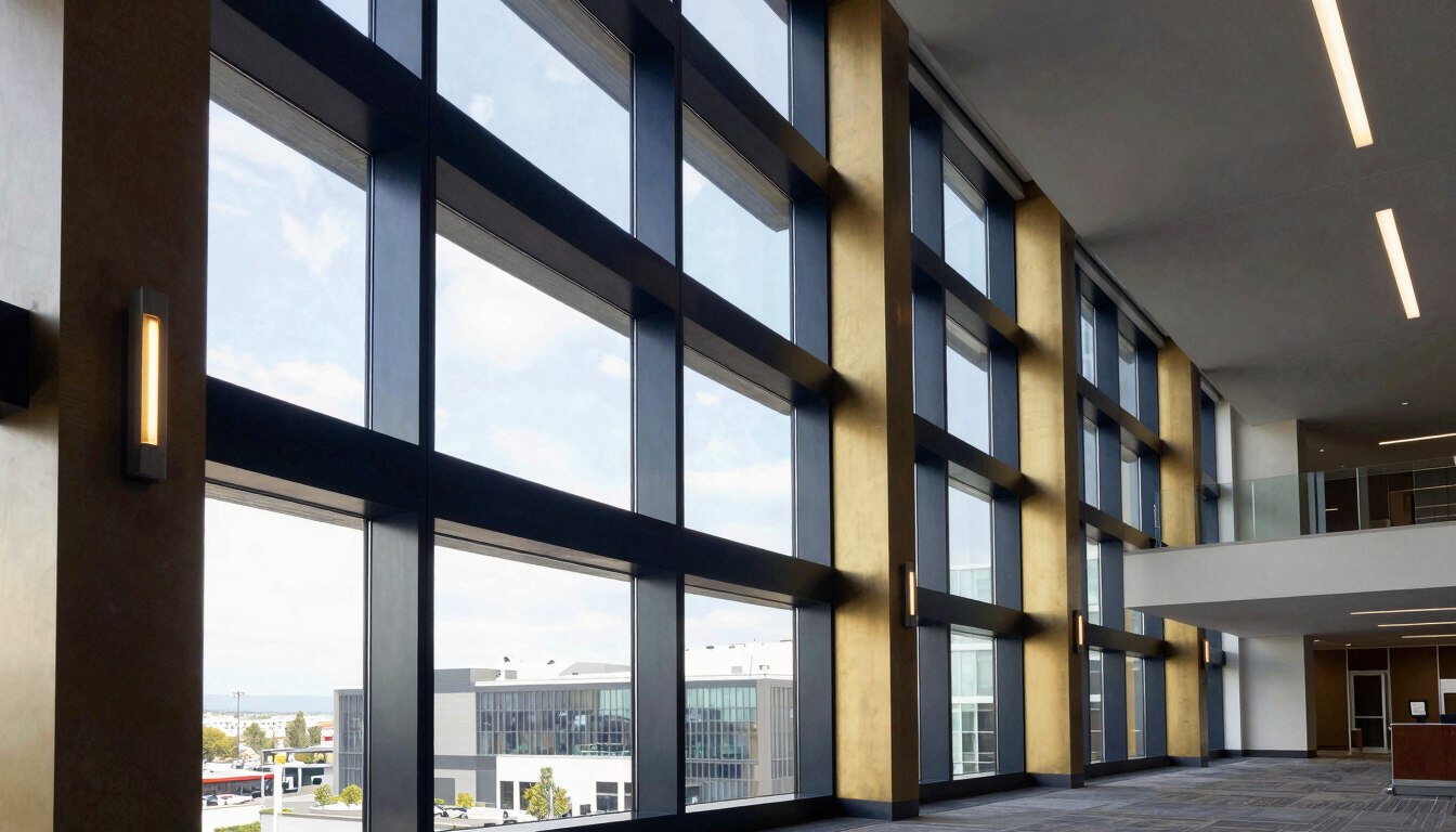 Wide architectural shot of a modern corporate office interior in Salt Lake City, crisp morning window light, deep navy and gold accents, structured lines, 35mm.