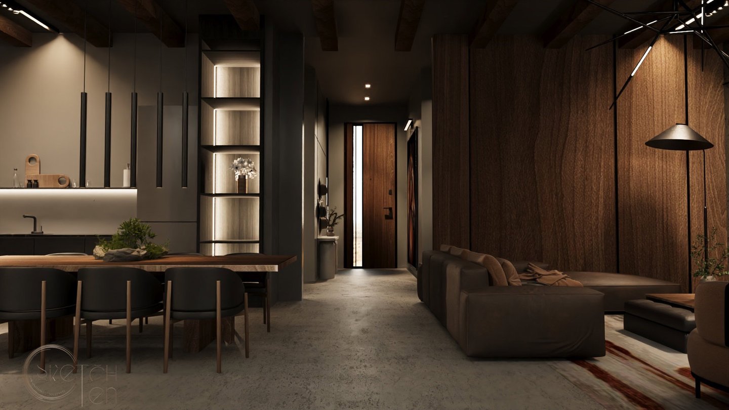 a living room with a couch and a table.
