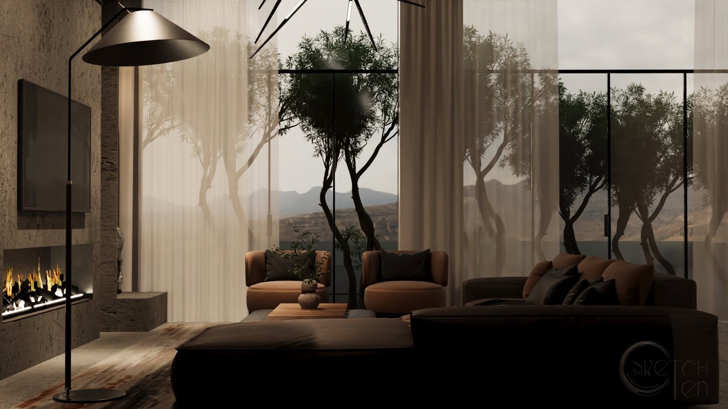 a living room with a couch and a fireplace