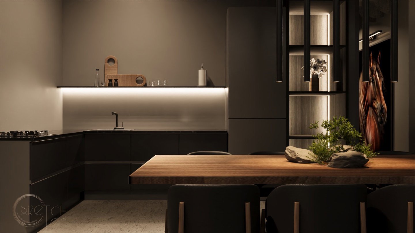 a kitchen with a wooden table and chairs. 