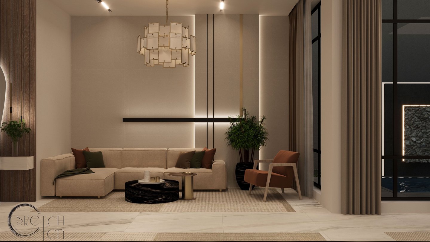 Modern living room with elegant furniture and large windows pool view