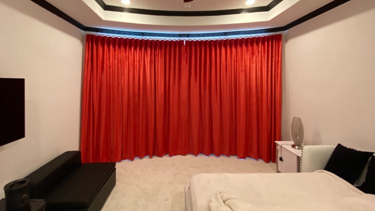 Custom Ripple Fold Drapery Red Velvet Custom curved track rod