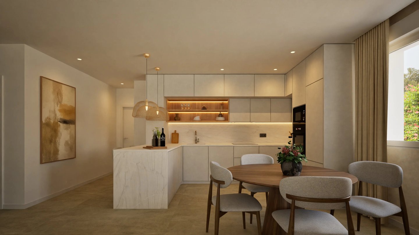 Render 3D de cocina moderna con península, comedor redondo y mobiliario en tonos neutros.