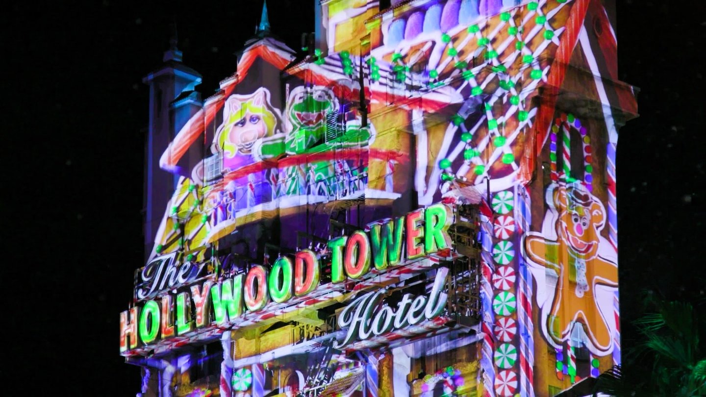 Sunset Seasons Greetings (Hollywood Studios) - Hollywood Tower Tower Hotel with Muppets Holiday overlay
