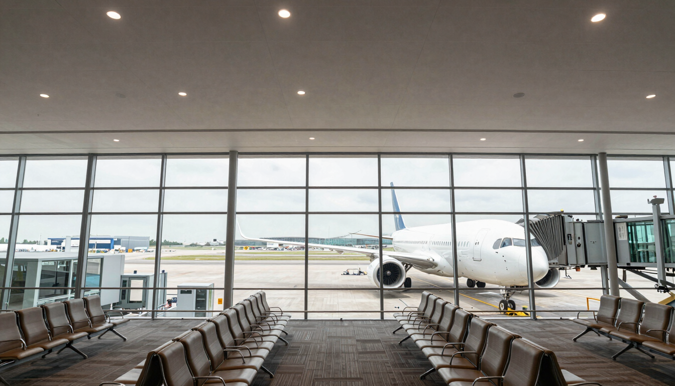 Wide overhead shot of an airport boarding gate interior, a commercial aircraft visible through the floor-to-ceiling glass in the right third of the frame, neutral terminal lighting, clean lines of seating rows in the foreground, expansive negative space of pale terminal ceiling above