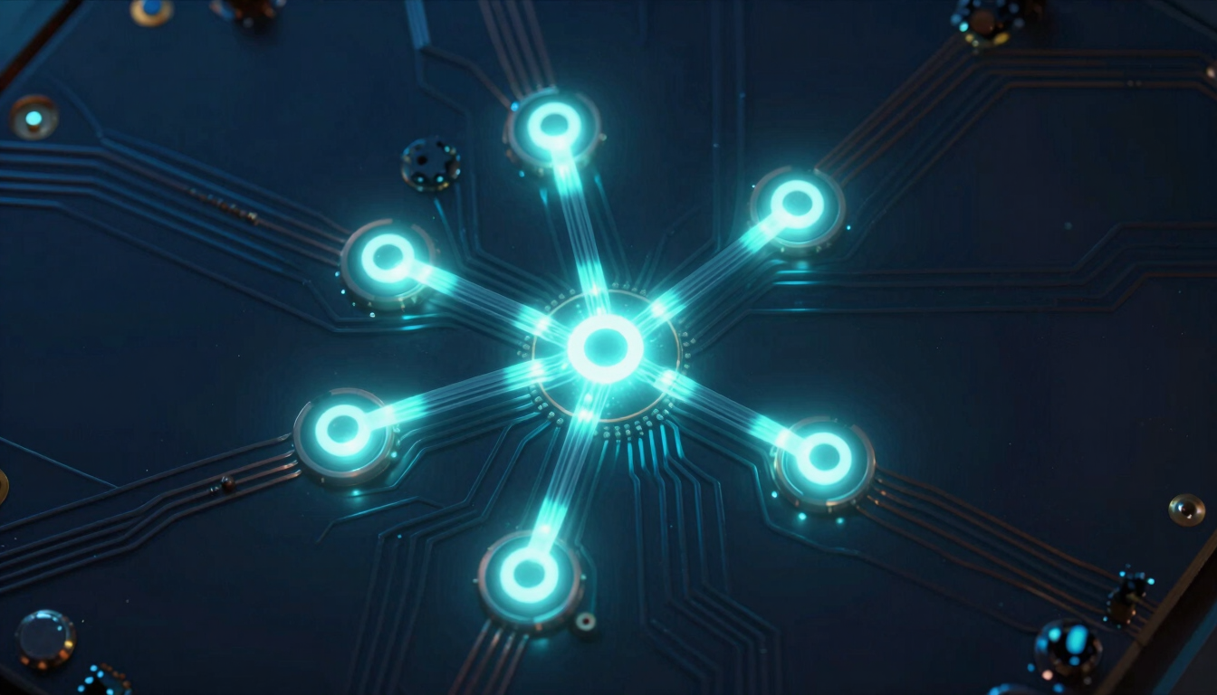 Overhead close-up of a dark circuit board under cold cyan directional light, five distinct processing nodes connected by glowing fiber traces converging at a central verification point, deep navy background, isolated bright zones highlighting node intersections, precision studio strobe on reflective copper traces