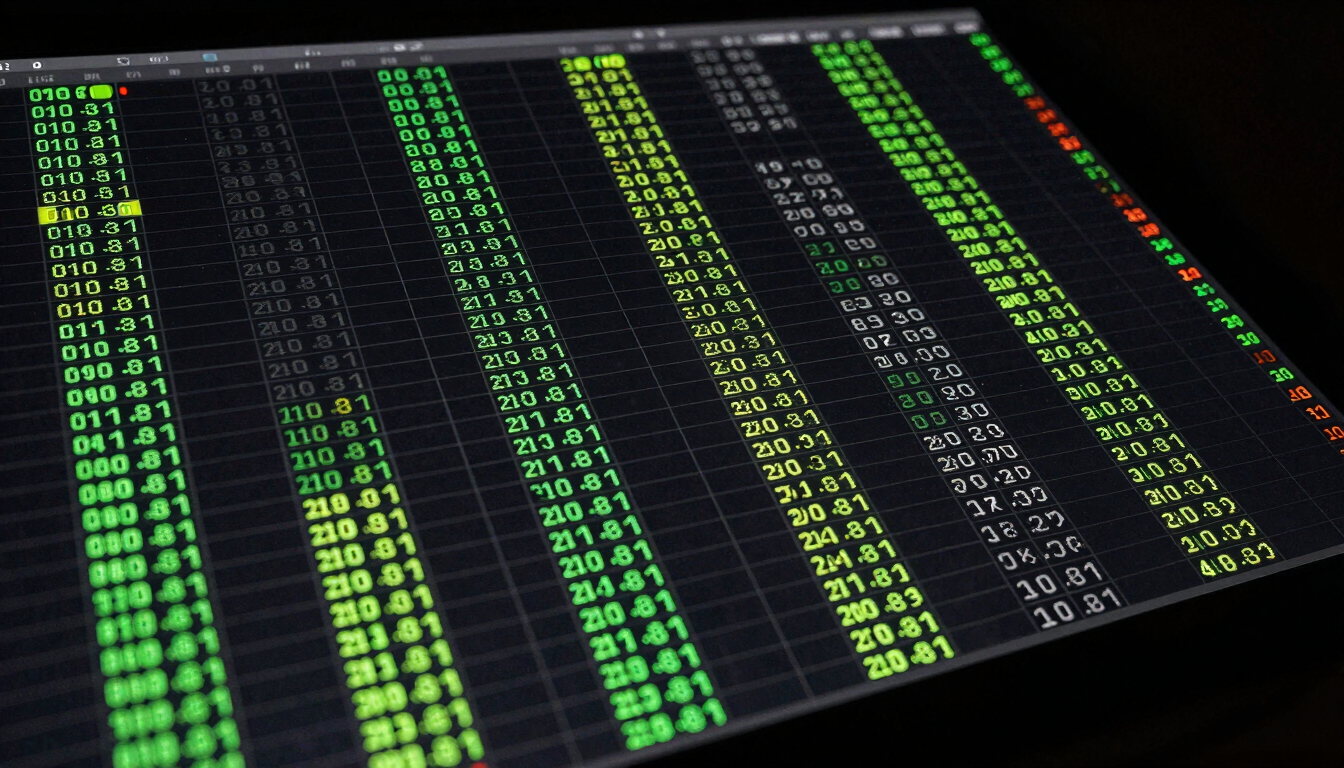Overhead view of a dark monochrome data grid table displaying virtual football signal rows, with neon green accent highlights on active signal entries, numerical cycle positions and lag counters visible in each column, studio precision lighting, high contrast on near-black background, no human figures