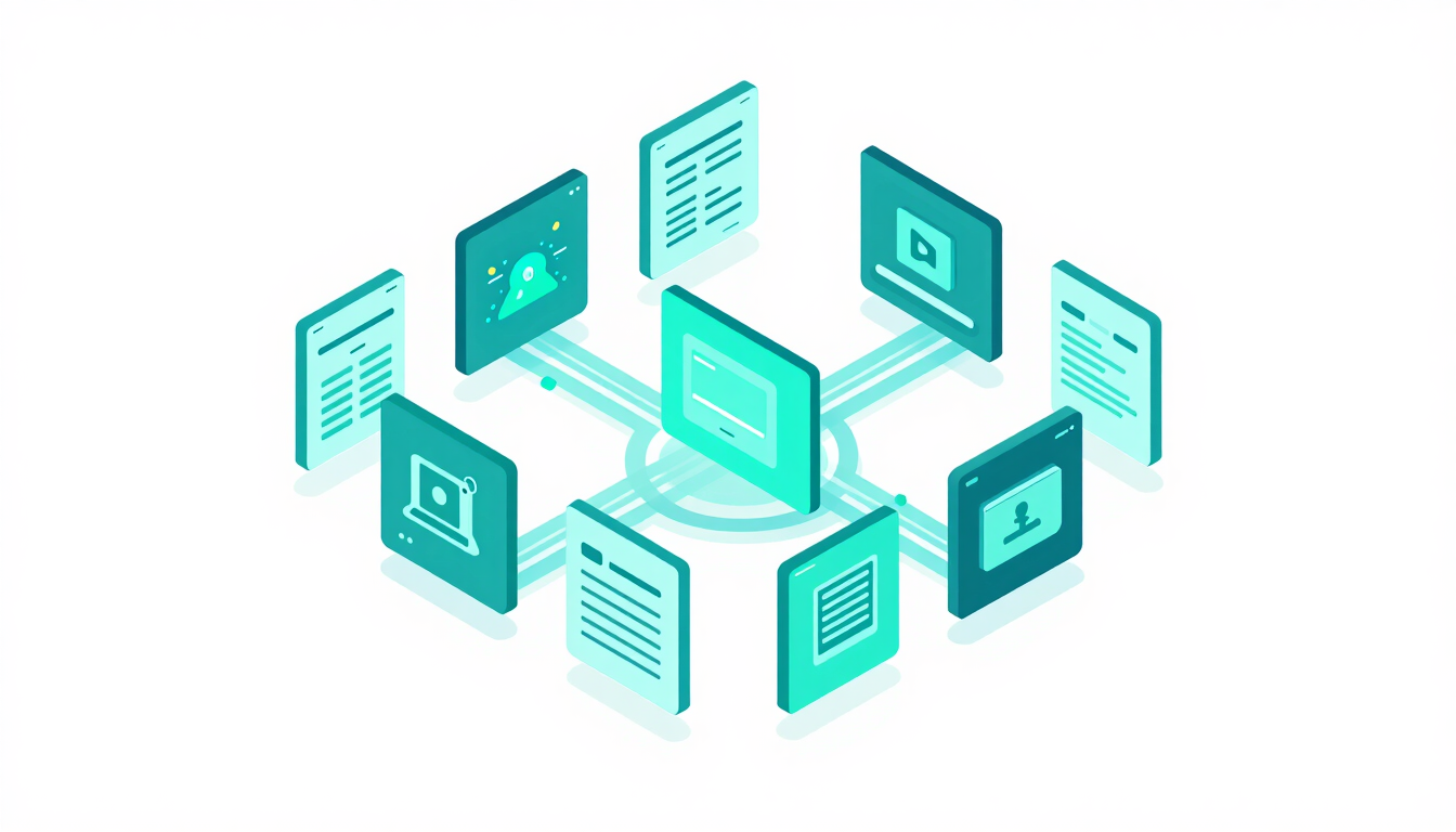 Isometric 3D vector illustration of a vibrant digital marketplace hub with interconnected app screens, glowing teal and cyan data pathways, clean white background, crisp digital rendering