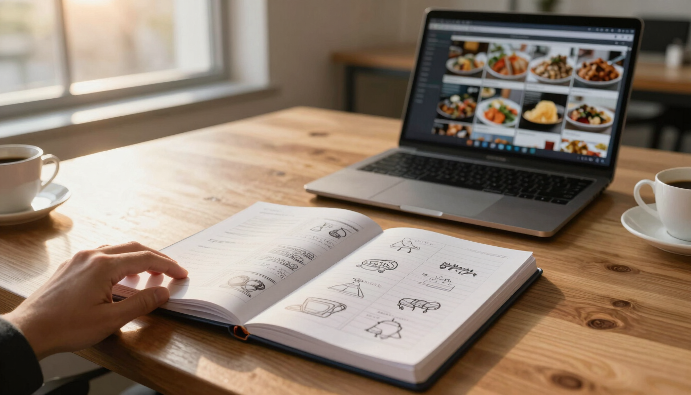 Wide panoramic view of a small agency workspace at golden hour — a hand resting on an open planning notebook covered in sketched content grids, a laptop glowing with a grid of food photographs, natural window light flooding in from the left, warm wooden desk surface, coffee cup at the edge, no faces visible, close environmental framing