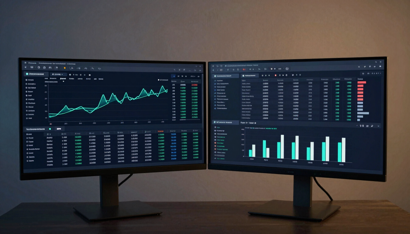 Panoramic wide crop of a transaction analytics dashboard filling two monitors side by side, showing settlement flow timeline charts with cyan accent lines, transaction state breakdown table, failure reason histogram, dark navy UI on screen, cool studio strobe lighting, no warm tones, minimal environment outside the screen