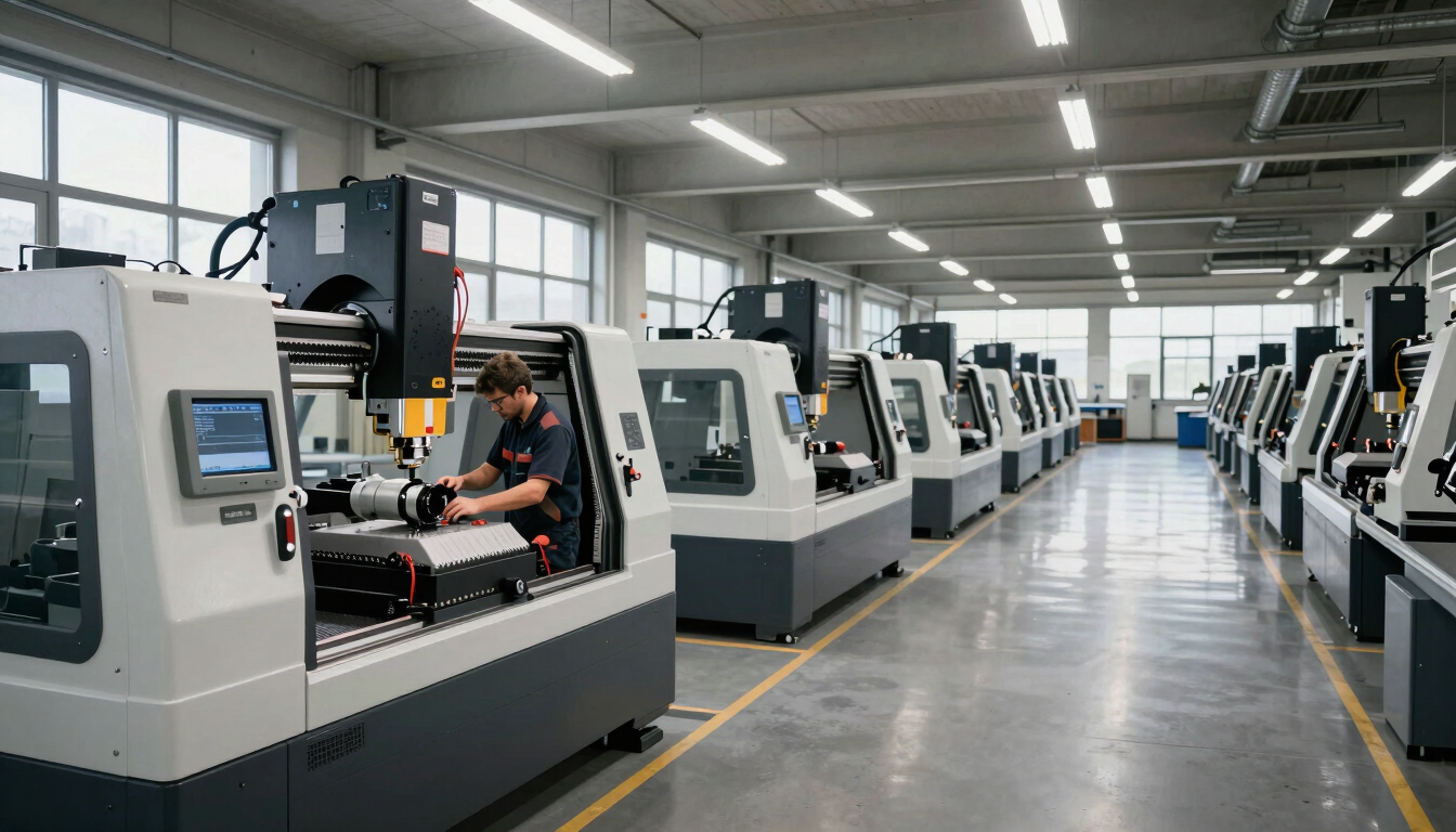 Wide panoramic technical workshop interior in Germany, rows of CNC machines under industrial ceiling lights, a technician in work gear adjusting equipment in the left third, the right two-thirds showing the expanse of the factory floor, natural daylight from high windows, no retouching