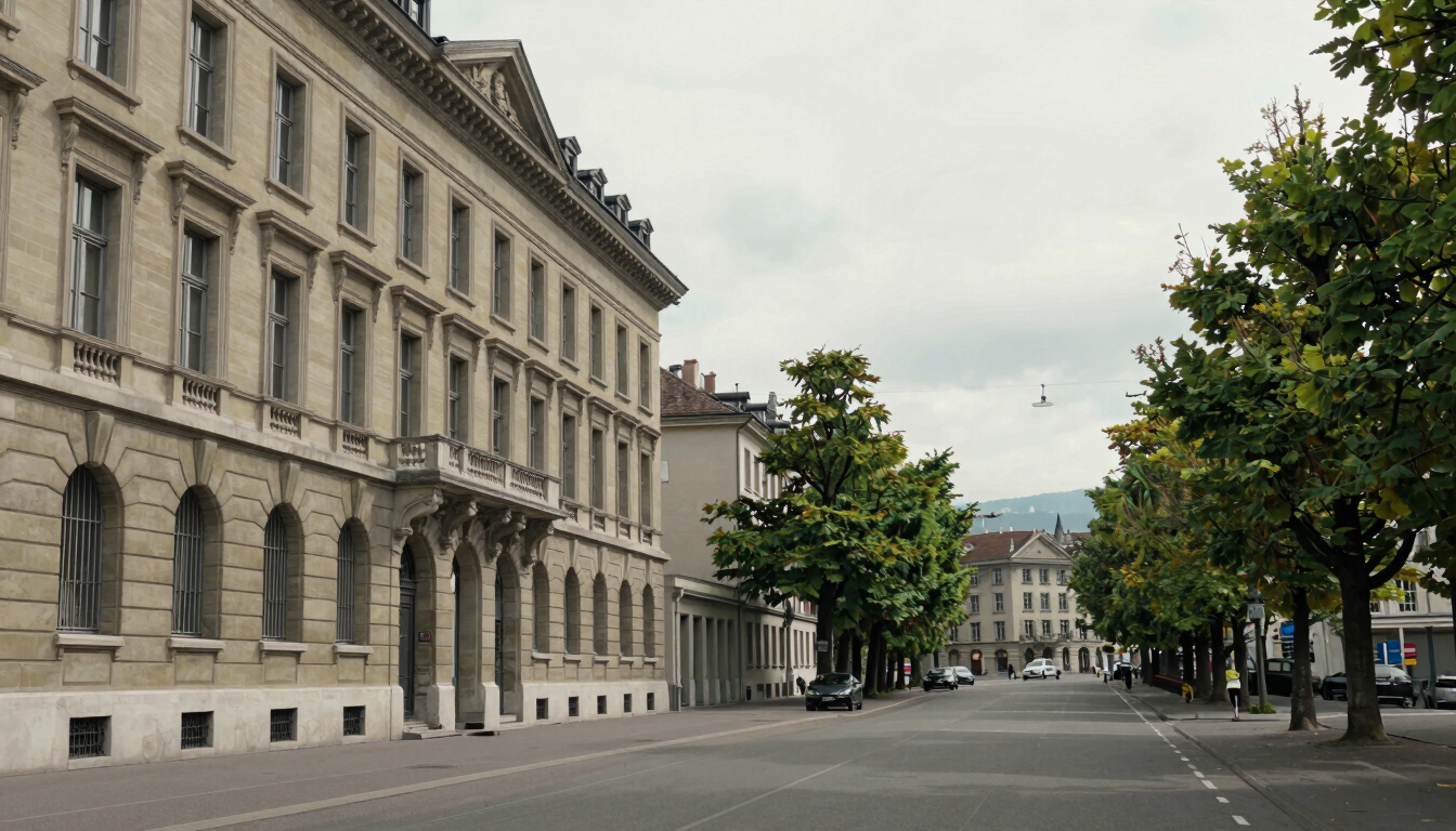 Wide panoramic view of Cours des Bastions 13 in Geneva, stone neoclassical facade to the left third, plane trees lining the boulevard, soft overcast north-facing daylight, no people, muted tones