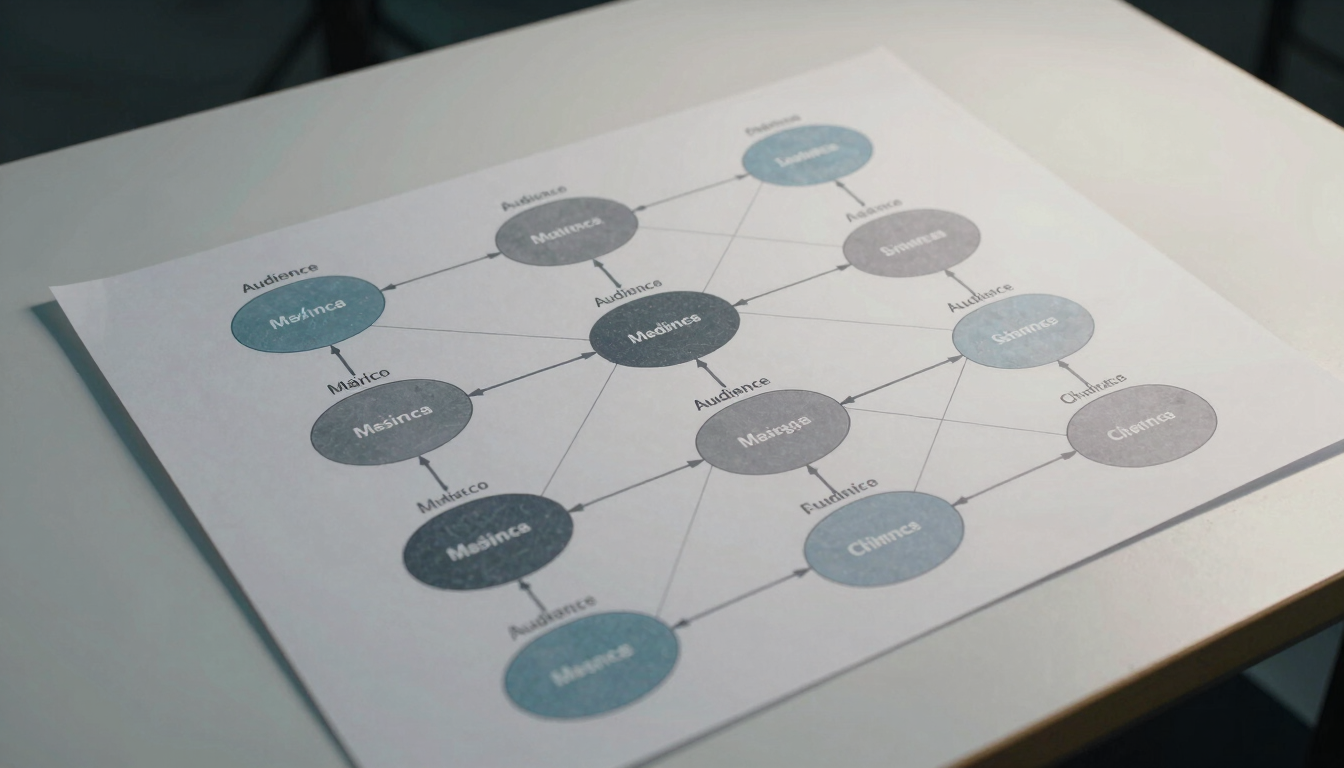 Close overhead view of a large-format strategy diagram laid flat on a matte white desk — a communication architecture schema with labeled nodes for audience segments, message layers, and channel outputs connected by clean directional lines, annotated in pencil at key junctions. Cool studio light from above casts subtle shadows on the paper edges. No people, no screens, no decorative objects.