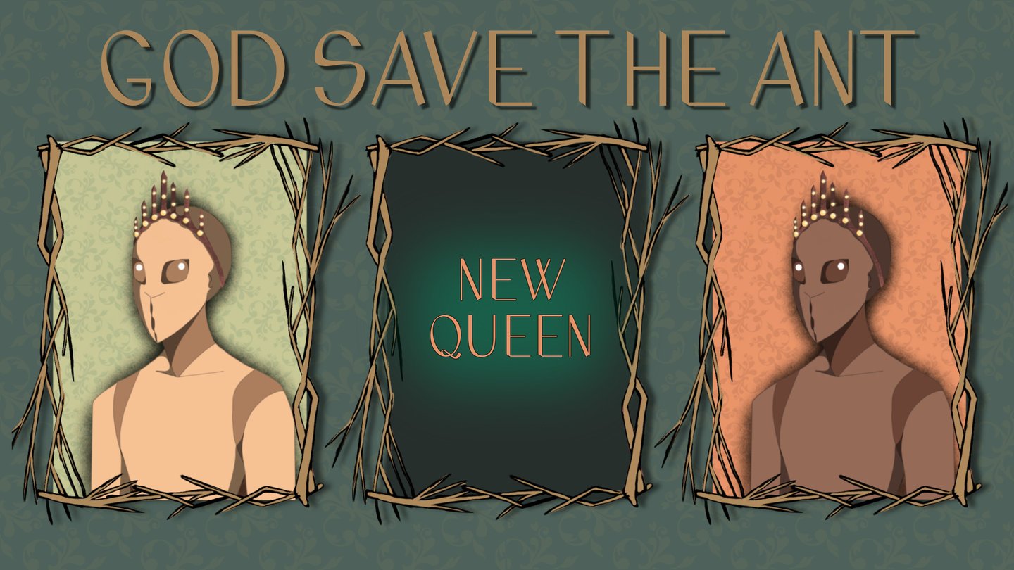 Cover image God save the Ant, green background with three framed illustrations of new ant queens
