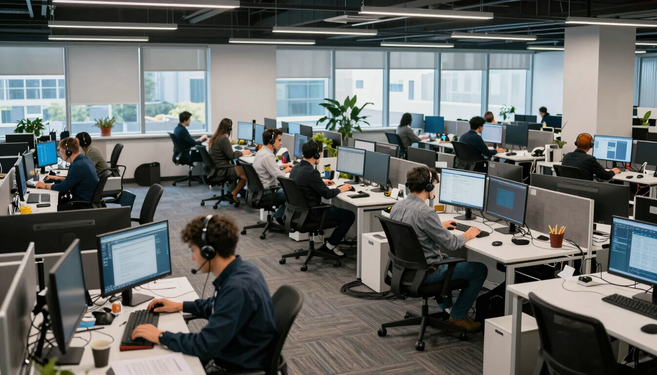 Wide panoramic view of a busy open-plan office floor, multiple desks with monitors and headsets in active use, even cool north-facing daylight flooding the workspace, workers visible mid-task, cables neatly routed under desks, operational depth visible across the full frame