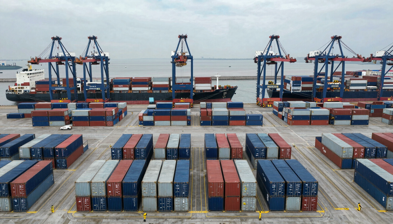 Wide panoramic overhead view of a major international port at overcast daylight, dozens of stacked shipping containers in navy blue and silver arranged in precise grid formation, two container ships moored at the dock with cranes in operation, industrial scale visible across the full frame, no sky visible, documentary framing from directly above
