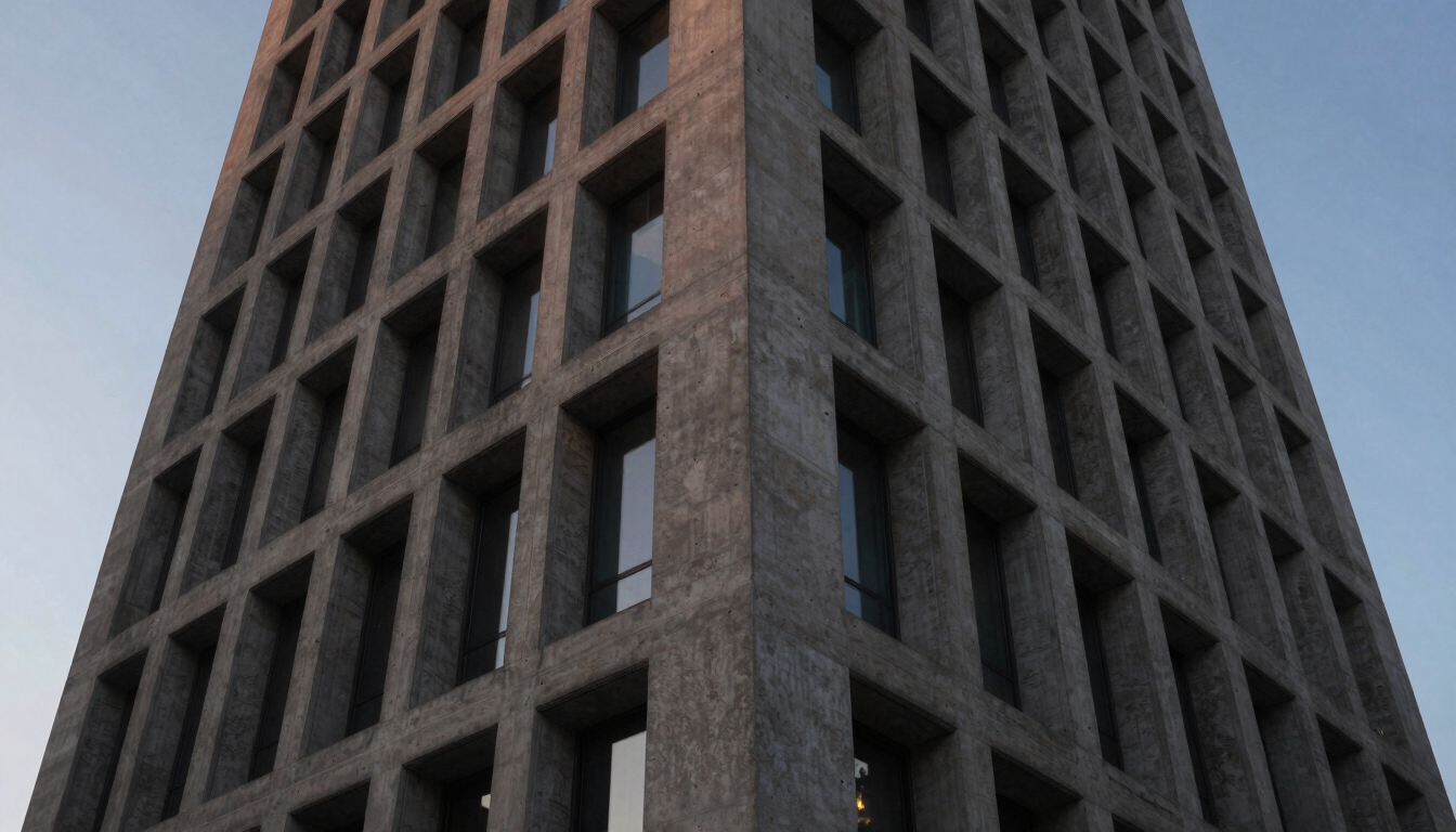 Extremely wide-angle architectural shot of a minimalist concrete skyscraper facade at twilight, deep shadows, low-key natural light.
