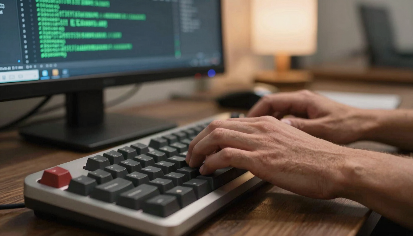 Extreme close-up of a developer's hands typing on a mechanical keyboard in a Dakar office, sharp focus on fingertips and keycaps, a terminal window with green deployment logs visible on a monitor in the soft background, warm directional studio light from the right, dark desk surface