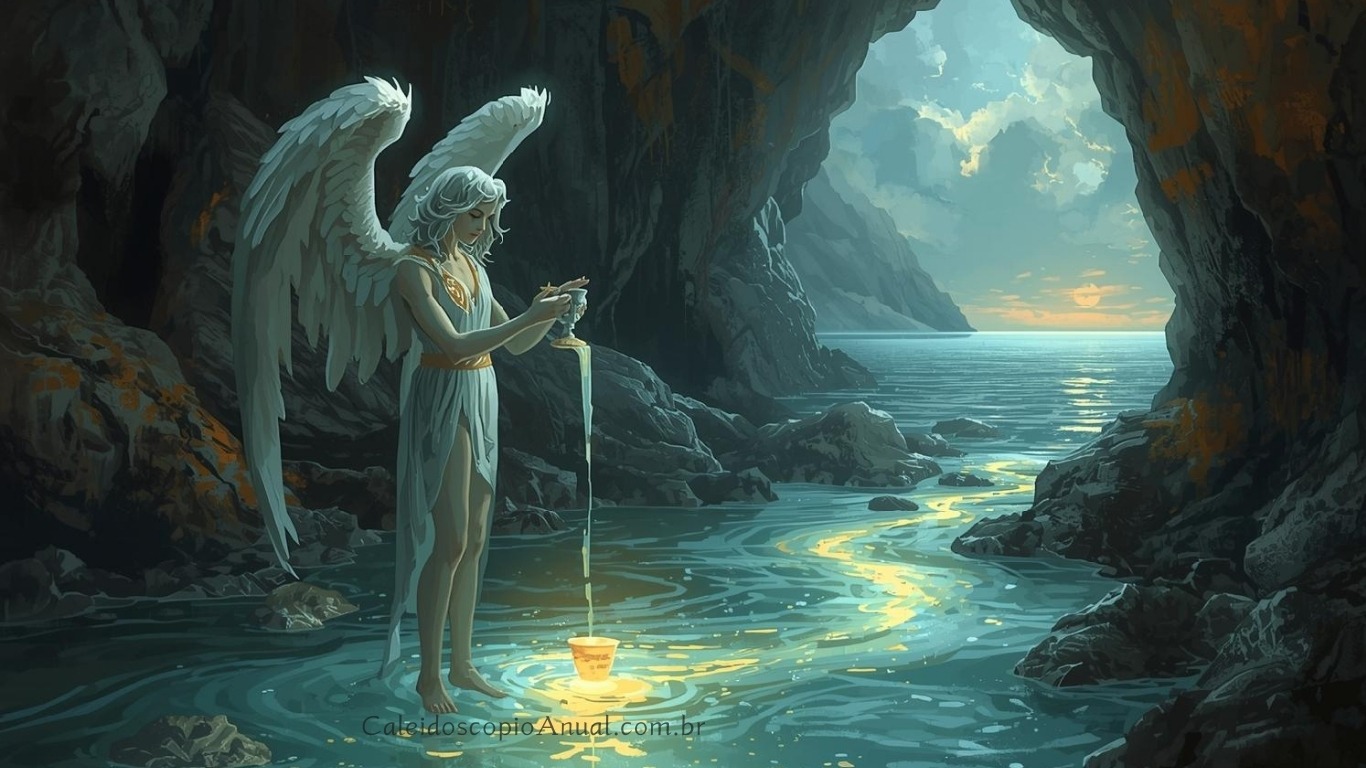 Um anjo alado e andrógino, que lembra a carta da Temperança, permanece sereno no meio de um rio raso