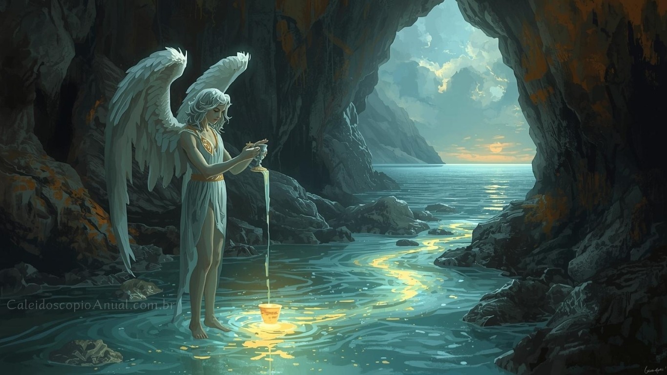 Um anjo alado e andrógino, que lembra a carta da Temperança, permanece sereno no meio de um rio raso