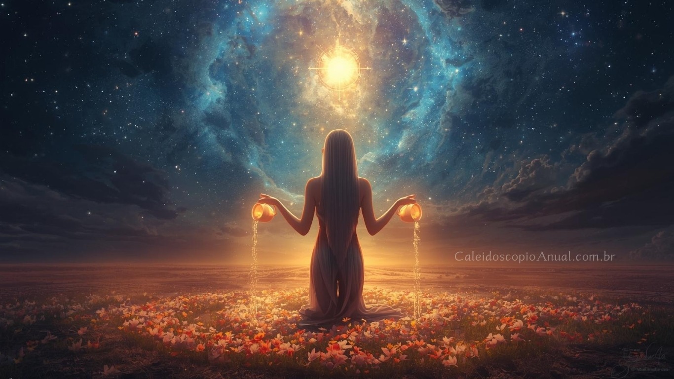 Bela mulher sob um magnífico céu estrelado, derramando água brilhante de dois jarros celestiais