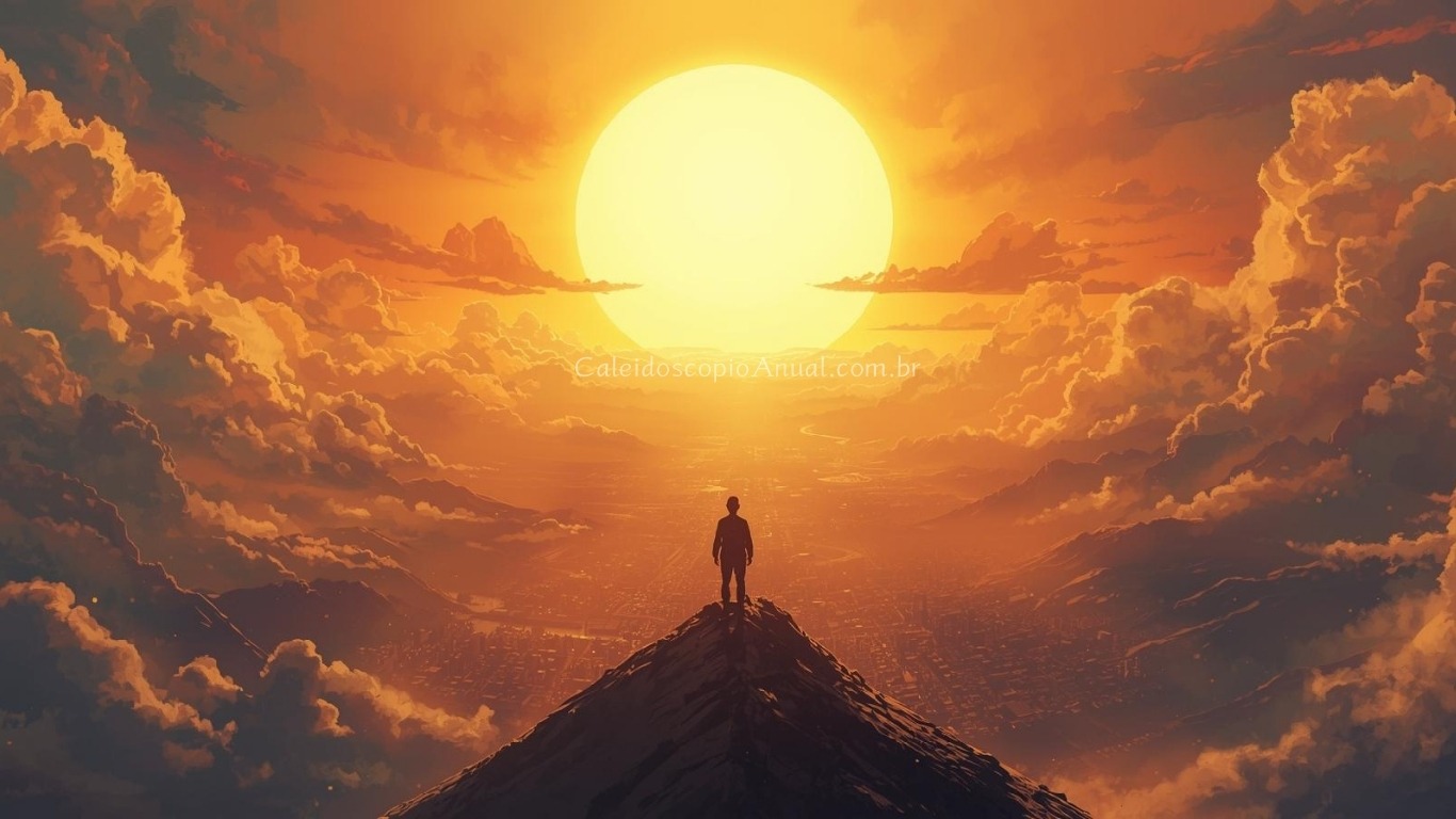 Um homem em pé no topo de uma montanha com um pôr do Sol