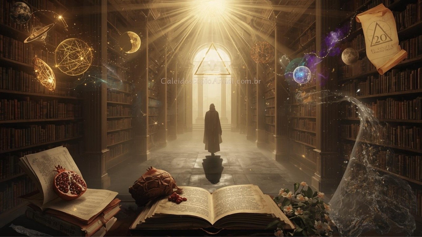 Biblioteca mística com figura em portal luminoso, símbolos astrológicos e romã - 18 de janeiro