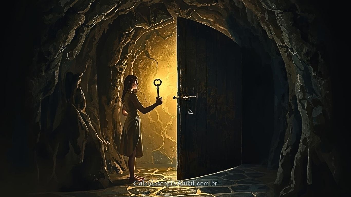 Pessoa em uma caverna percebendo que a chave que segura revela que as paredes são falsas.