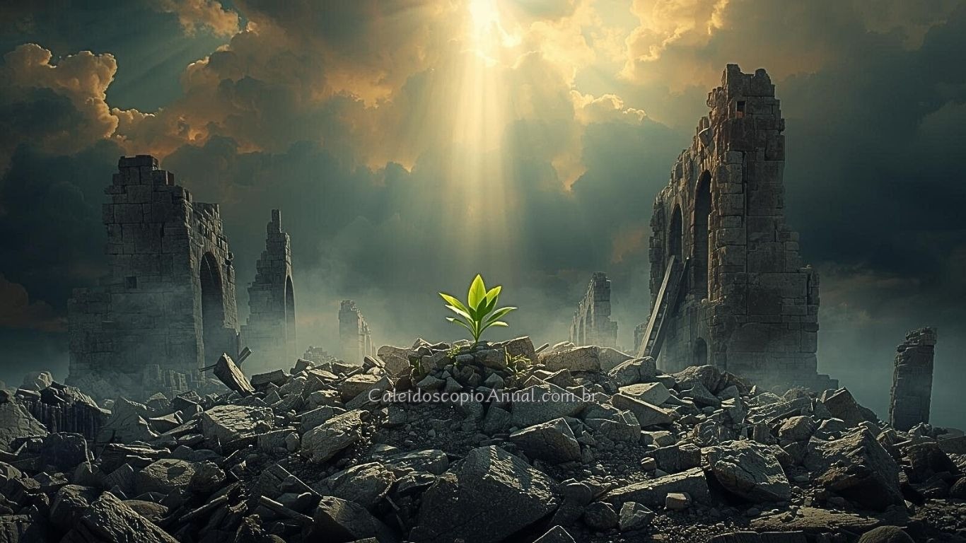 Broto verde crescendo em meio às ruínas de uma torre desmoronada após a tempestade.