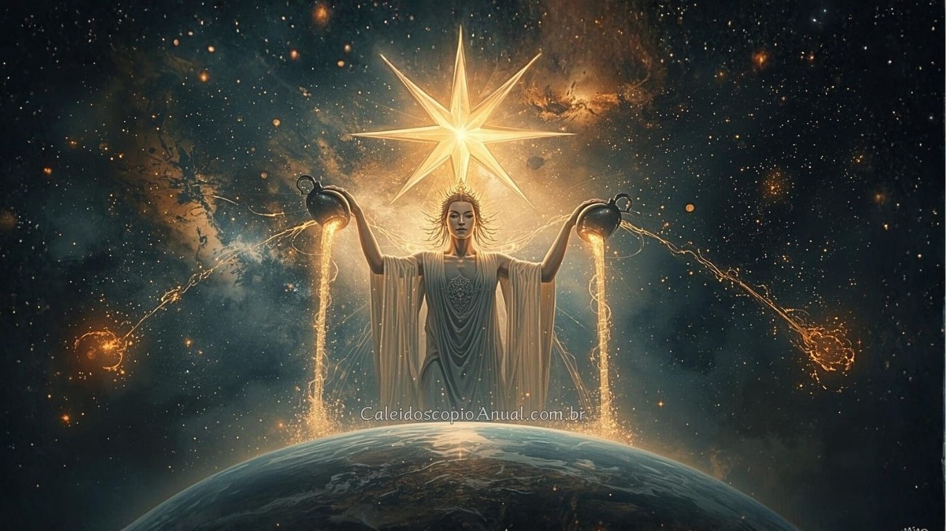 Figura divina no cosmos derramando luz de dois jarros, criando estrelas e vida.