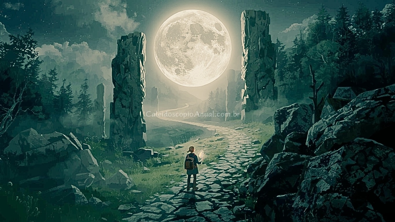 Viajante solitário em uma trilha sinuosa e iluminada por uma grande Lua Cheia