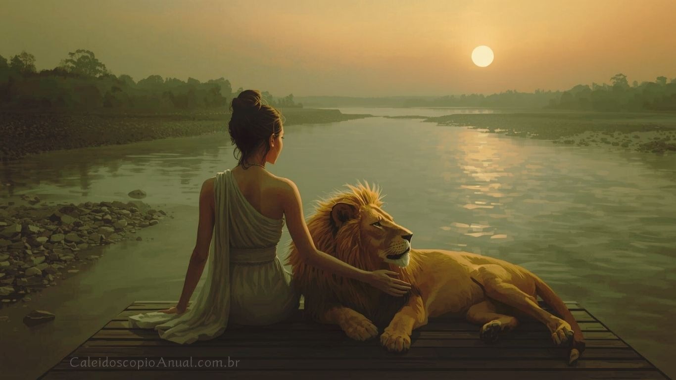 a woman sitting on a dock with a lioness